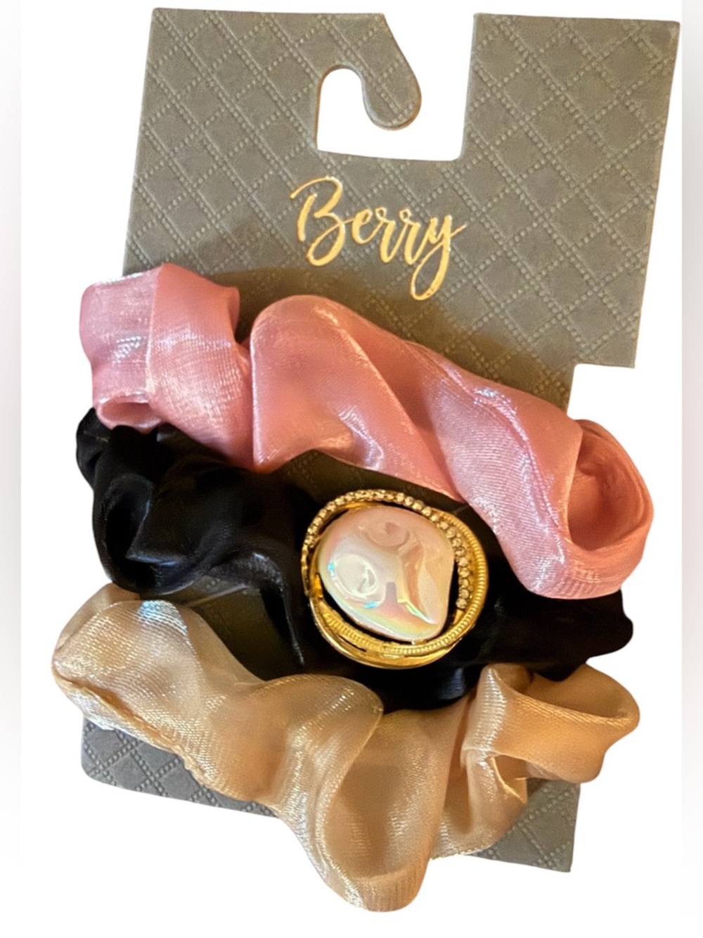 Satin Scrunchie Set with Pearl Accent - Pink, Black, Gold